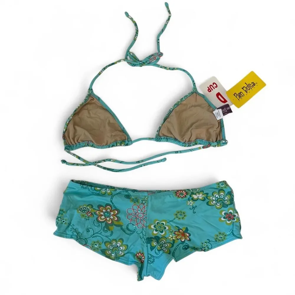 Pan Dulce Aqua Floral Sequin Bikini Set (Medium / 11/12 Top & 9/10 Bottom)